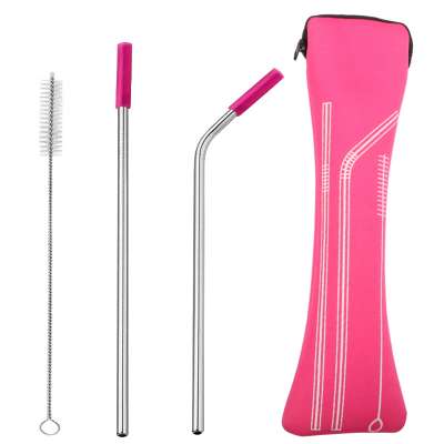 3pcs/set High quality stainless steel straw with colored silicone head, straw brush, color zipper storage bag